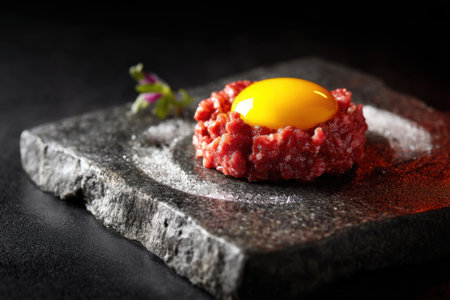 Raw beef tartare with egg yolk on black stone background.の素材