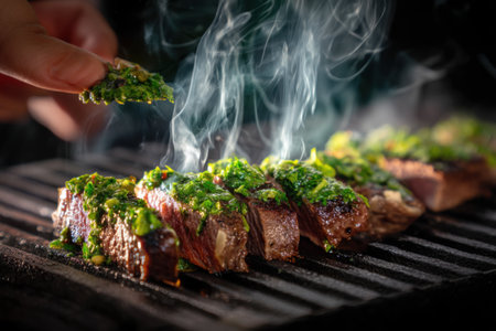 Close-up of a person holding a piece of beef steak on a grillの素材