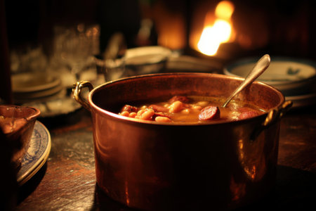 soup with sausages in a copper pot on the tableの素材