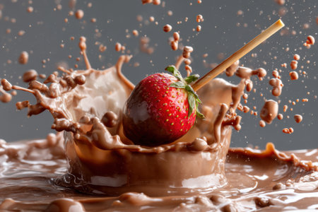 Splash of chocolate with strawberry on grey background, closeup viewの素材