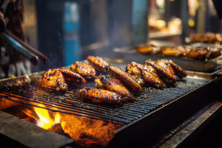 Grilled chicken wings on a barbecue grill in a street food marketの素材