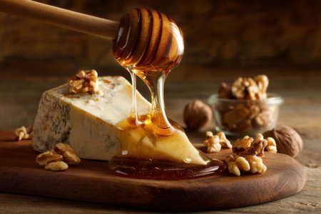 Camembert cheese with honey and walnuts on a wooden backgroundの素材