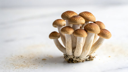 Japanese Shimeji mushrooms (brown beech mushrooms) on white marble backgroundの素材