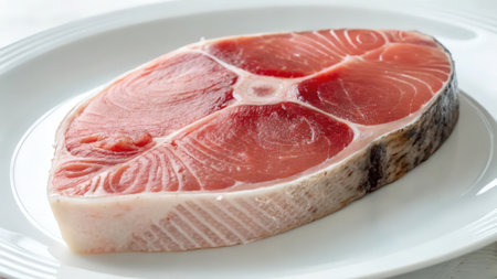 Fresh raw tuna fish fillet on a white plate close-upの素材