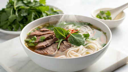Vietnamese noodle soup with beef and vegetables in white bowlの素材