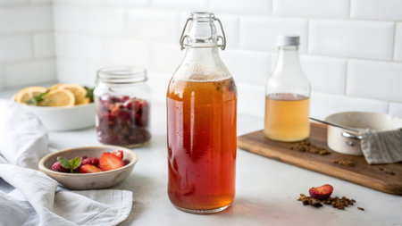 Homemade fruit ice tea in a glass bottle on a white background.の素材