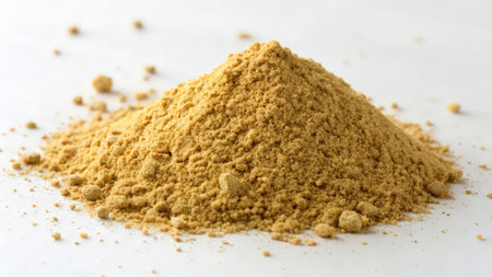 Heap of ginger powder isolated on white background. Healthy food concept.の素材
