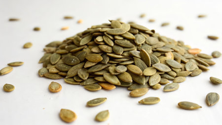 pumpkin seeds on a white background. close-up.の素材