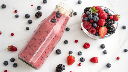 Blueberry and raspberry smoothie in a glass bottle with fresh berriesの素材