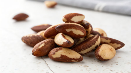 Almond nuts on a white marble table, shallow depth of fieldの素材