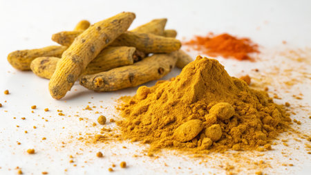Turmeric powder and turmeric powder on white background, Indian spicesの素材