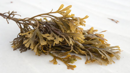 Close up of a pile of seaweed isolated on white background.の素材
