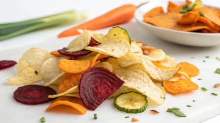 Potato chips with carrot, beetroot and onion on white backgroundの素材