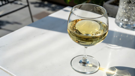 Glass of white wine on a table in a restaurant, sunny dayの素材
