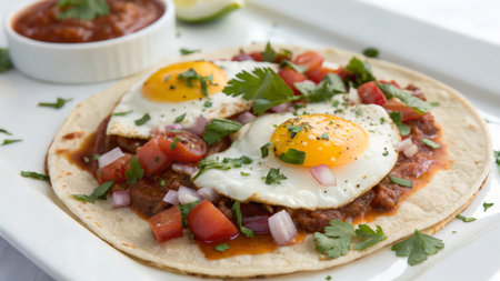 Mexican quesadilla with fried eggs, tomato and onionの素材