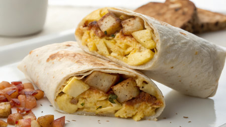 Delicious scrambled eggs wrapped in a pita bread and garnished with baconの素材