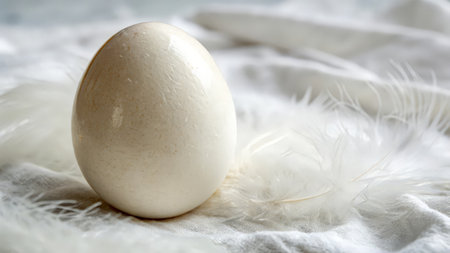 Easter egg with feathers on white fabric, closeup. Space for textの素材