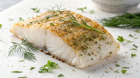 Baked fish fillet with herbs on white plate, closeupの素材
