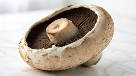 Fresh champignon mushroom on white marble table, shallow depth of fieldの素材