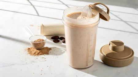 Coffee protein shake in a jar on a white marble backgroundの素材