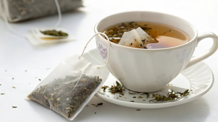 tea in a cup with a bag of tea on a white backgroundの素材