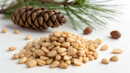 Pine nuts and pine cone on a white background, close upの素材