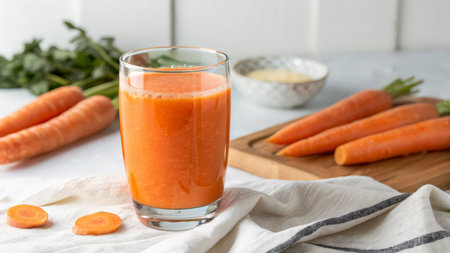 Glass of fresh carrot juice on table, closeup. Healthy drinkの素材
