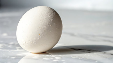 White egg on white marble table with shadow. Close-up.の素材