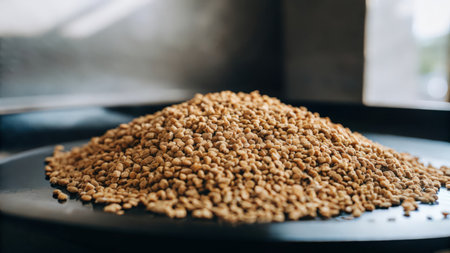 Close-up of a pile of coffee beans in a modern kitchenの素材