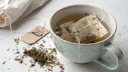 Cup of herbal tea with teabag and dry herbs on white backgroundの素材