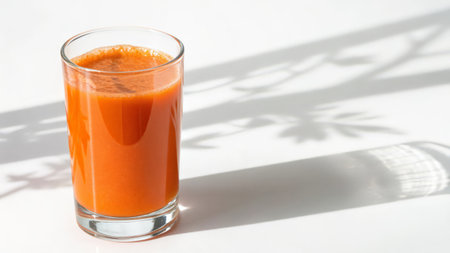 Glass of fresh carrot juice on white background with shadow from the plant.の素材