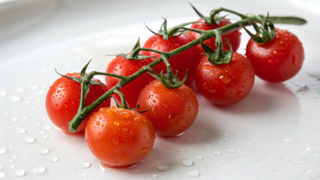 Cherry tomatoes on a branch with water drops on a white plateの素材