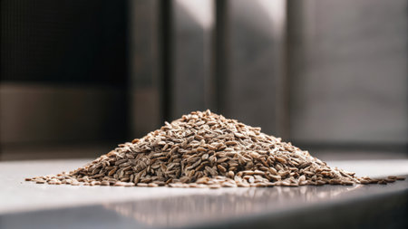 Close up of sunflower seeds on kitchen table. Selective focus.の素材