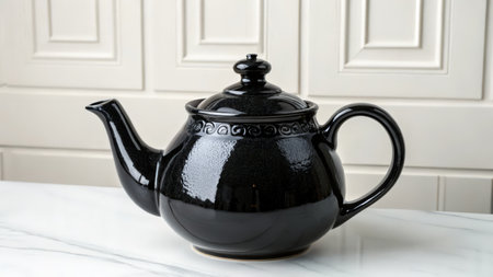 Black ceramic teapot on white marble table and white wall backgroundの素材