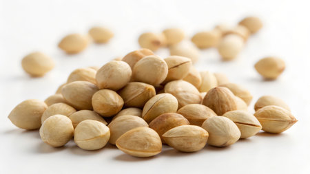 Pistachio nuts on white background. Healthy food and nutrition.の素材