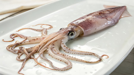 Fresh squid on a white plate, close-up, selective focusの素材