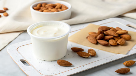 Almond yogurt in a glass jar and almonds on a white background.の素材