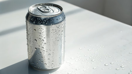 Aluminum soda can with water droplets on white table background.の素材