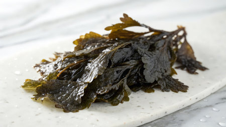 Seaweed salad on a white marble plate, close-upの素材