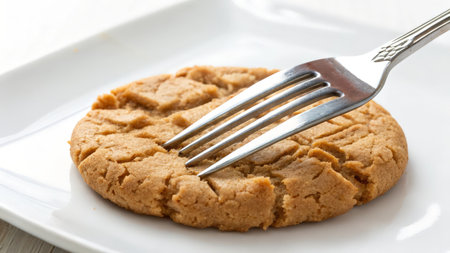 Close up of a peanut butter cookie on a white plate with a fork.の素材
