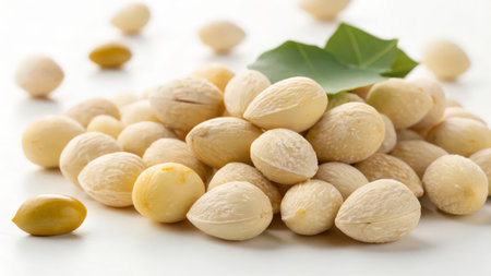 Macadamia nuts with green leaf on white background, close upの素材