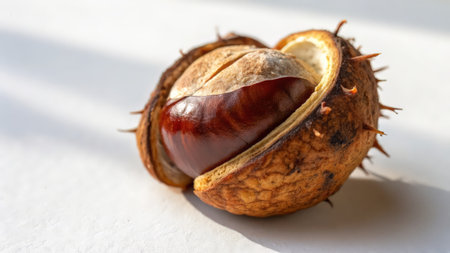 Close up of a chestnut on a white background. Selective focus.の素材