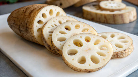 Sliced lotus root on white cutting board, stock photoの素材
