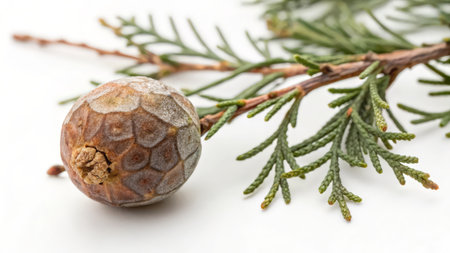 Frozen juniper branch with cones on a white background close upの素材