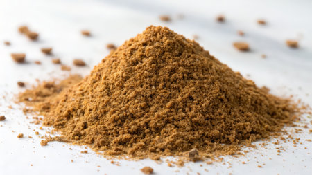 Heap of ground cinnamon powder on white wooden table, closeupの素材