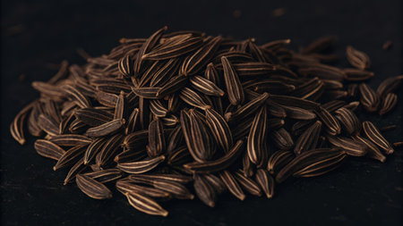 Cumin seeds on a dark background. Macro. Selective focus.の素材