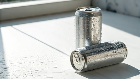 Aluminum soda cans with water drops on white wooden table background.の素材