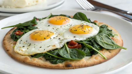 Fried eggs with spinach and tomatoes on a pita bread.の素材