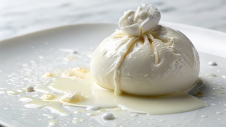 Delicious mozzarella cheese on white plate, closeup viewの素材