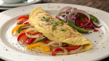 Omelet with vegetables on a white plate, close-upの素材
